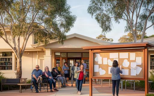 Residents reading notices outside a suburban Perth library with gum trees behind them